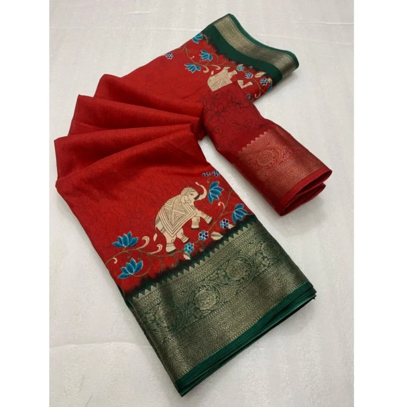 Generic Women's Dola Silk Printed Saree With Unstitched Blouse 5.5Mtr (Red)