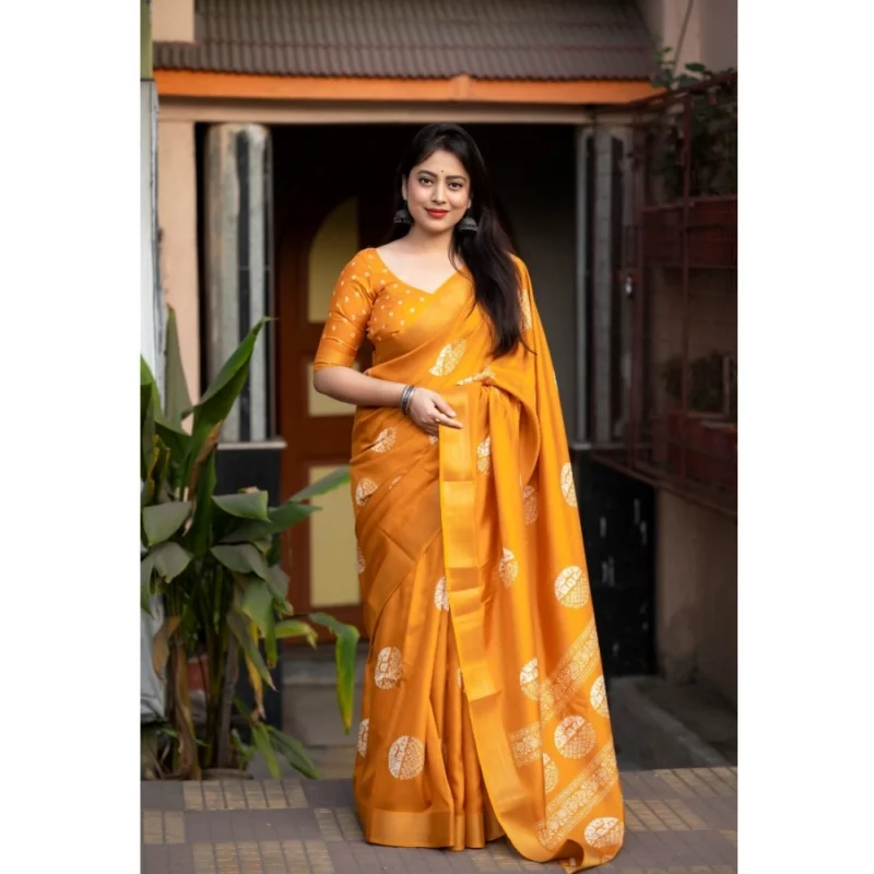 Alternative view of Generic Women's Cotton Crape Printed Saree With Unstitched Blouse 5.5Mtr (Yellow)