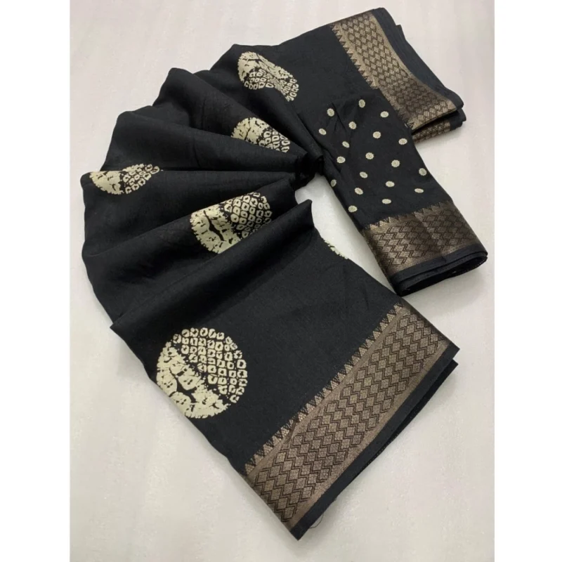 Generic Women's Cotton Crape Printed Saree With Unstitched Blouse 5.5Mtr (Black)