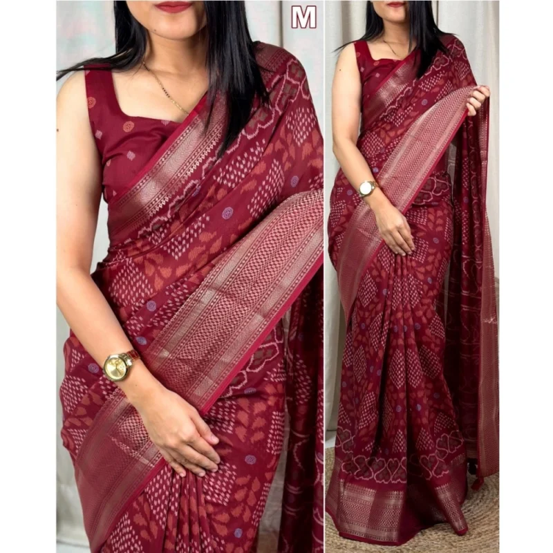 Alternative view of Generic Women's Dola Silk Printed Saree With Unstitched Blouse 5.5Mtr (Maroon)