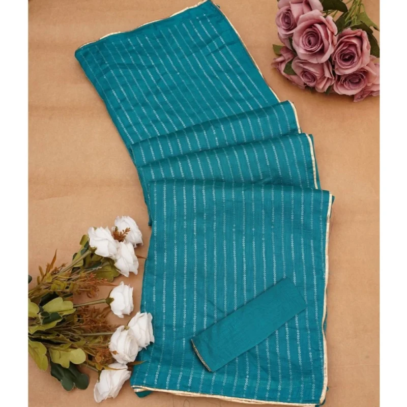 Alternative view of Women's Vichitra Silk Striped Saree With Unstitched Blouse 5.5Mtr (Sky Blue)