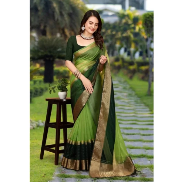 Generic Women's Khadi Cotton  Solid Saree With Unstitched Blouse 5.5Mtr (Green) - Image 2