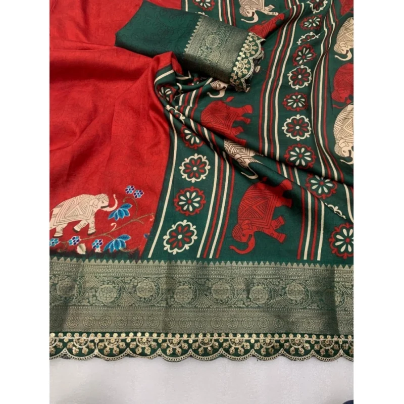 Alternative view of Generic Women's Dola Silk Printed Saree With Unstitched Blouse 5.5Mtr (Red)
