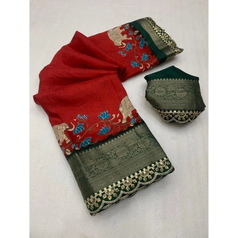 Generic Women's Dola Silk Printed Saree With Unstitched Blouse 5.5Mtr (Red)