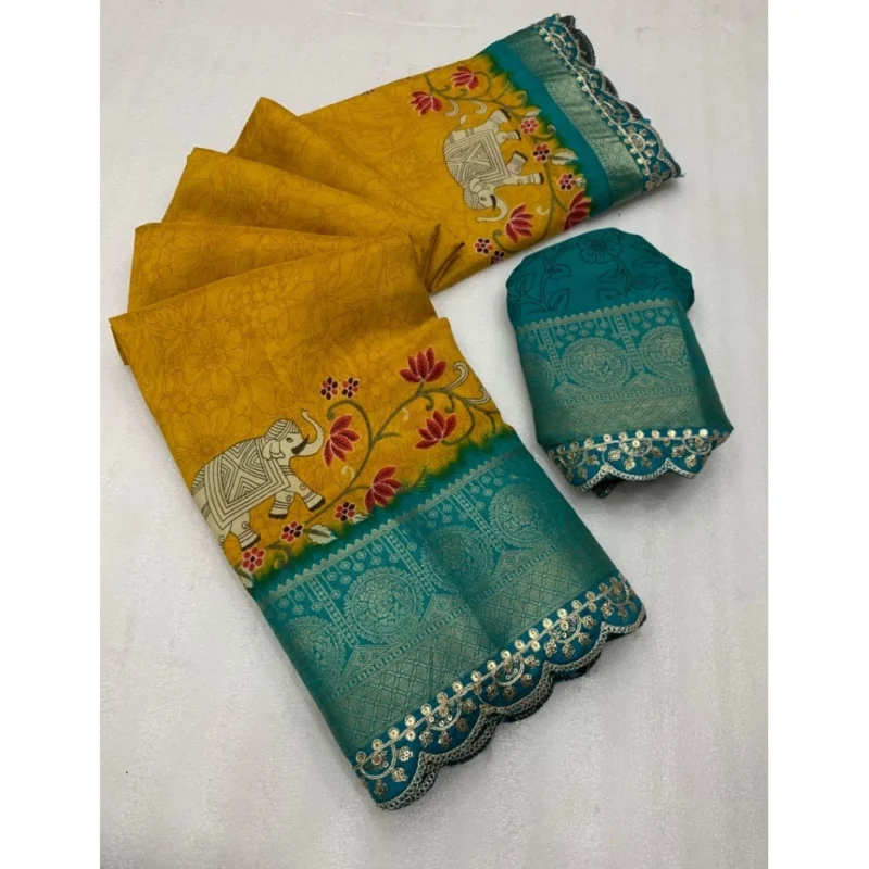 Generic Women's Dola Silk Printed Saree With Unstitched Blouse 5.5Mtr (Mustard)