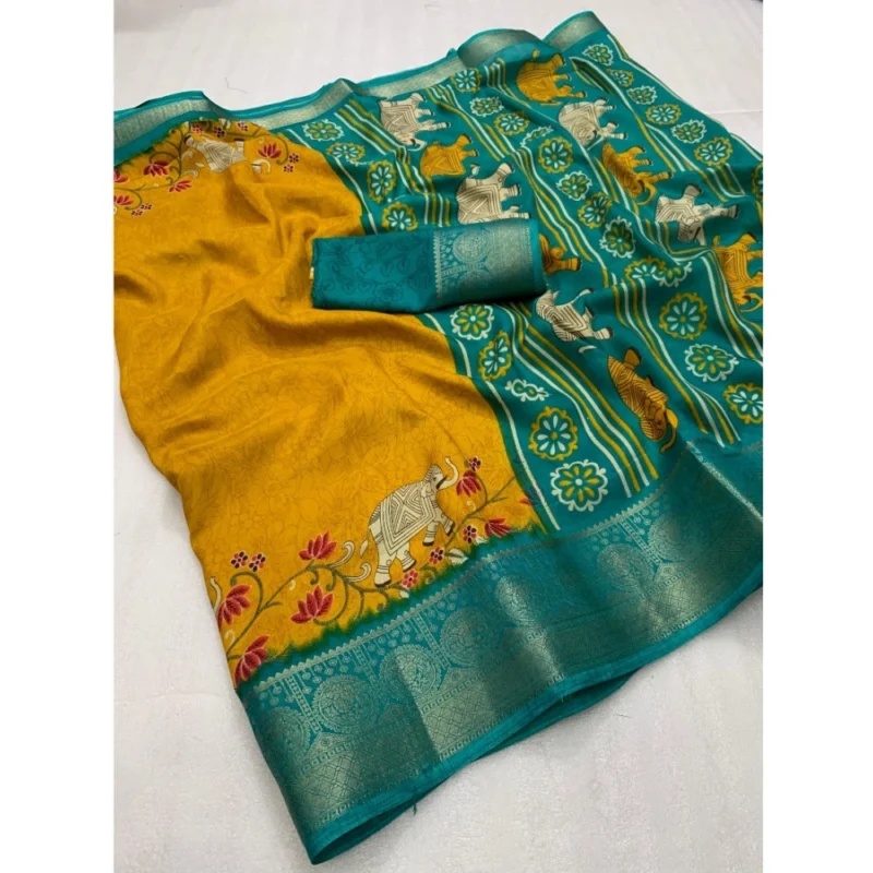 Alternative view of Generic Women's Dola Silk Printed Saree With Unstitched Blouse 5.5Mtr (Mustard)