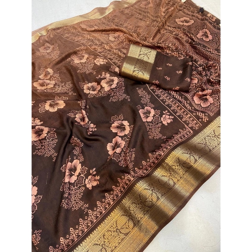 Generic Women's Jacquard Printed Saree With Unstitched Blouse 5.5Mtr (Brown) - Image 2