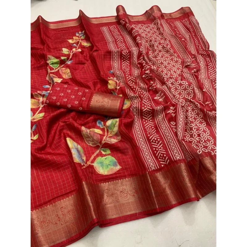 Alternative view of Generic Women's Dola Silk Printed Saree With Unstitched Blouse 5.5Mtr (Red)