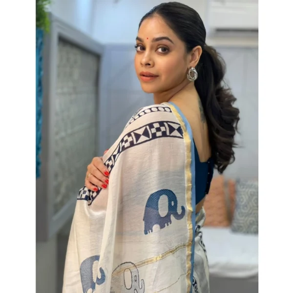 Women's Pure Chanderi Printed Saree With Unstitched Blouse 5.5Mtr (White) - Image 2