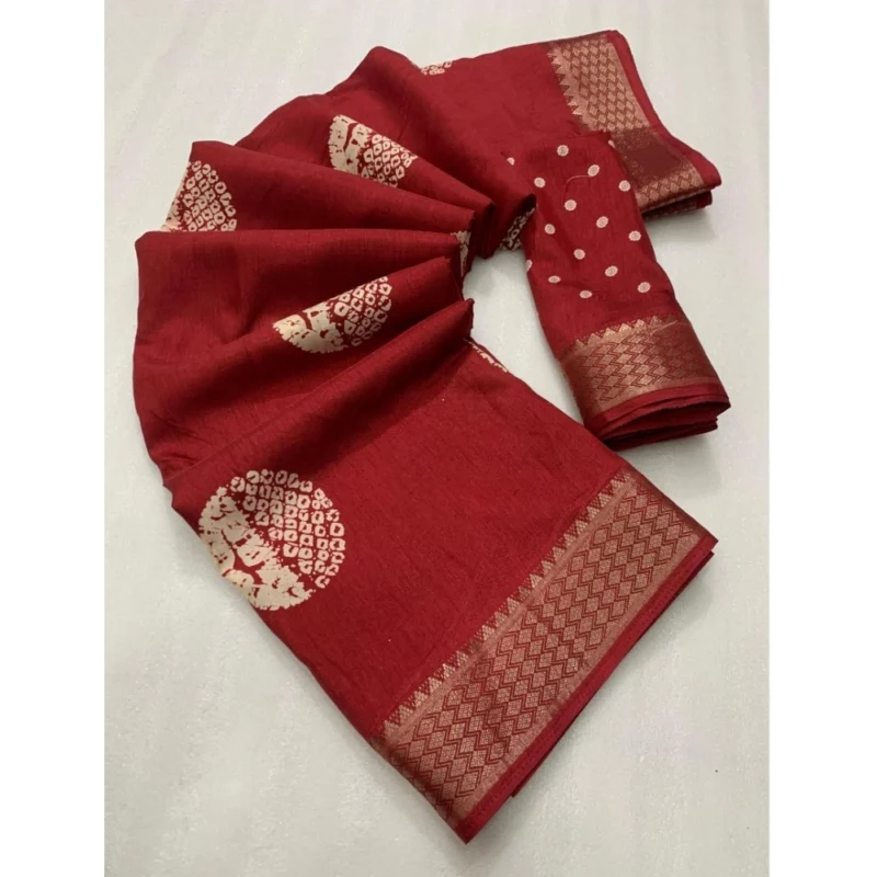 Generic Women's Cotton Crape Printed Saree With Unstitched Blouse 5.5Mtr (Red)
