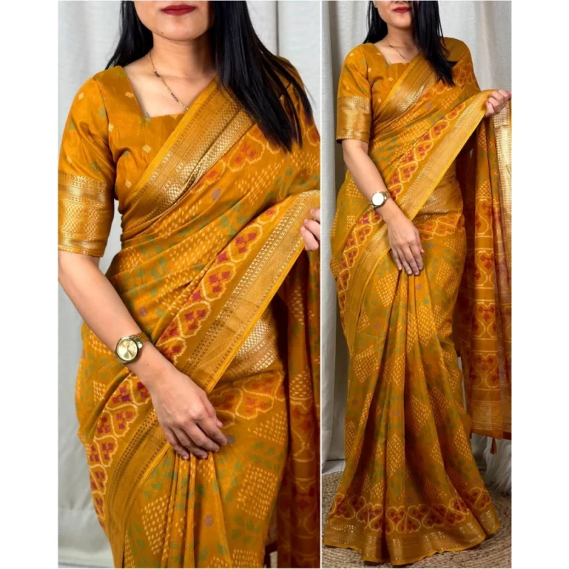 Alternative view of Generic Women's Dola Silk Printed Saree With Unstitched Blouse 5.5Mtr (Yellow)