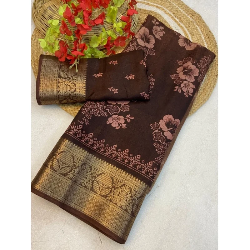 Generic Women's Jacquard Printed Saree With Unstitched Blouse 5.5Mtr (Brown)