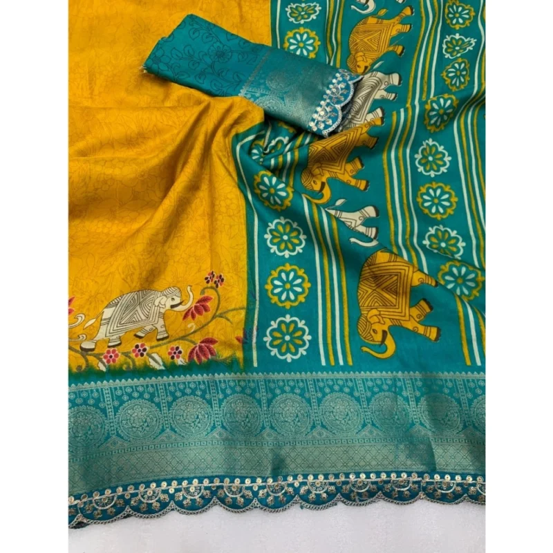Alternative view of Generic Women's Dola Silk Printed Saree With Unstitched Blouse 5.5Mtr (Mustard)