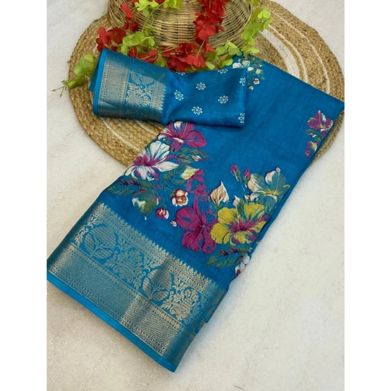 Generic Women's Jacquard Printed Saree With Unstitched Blouse 5.5Mtr (Sky Blue)