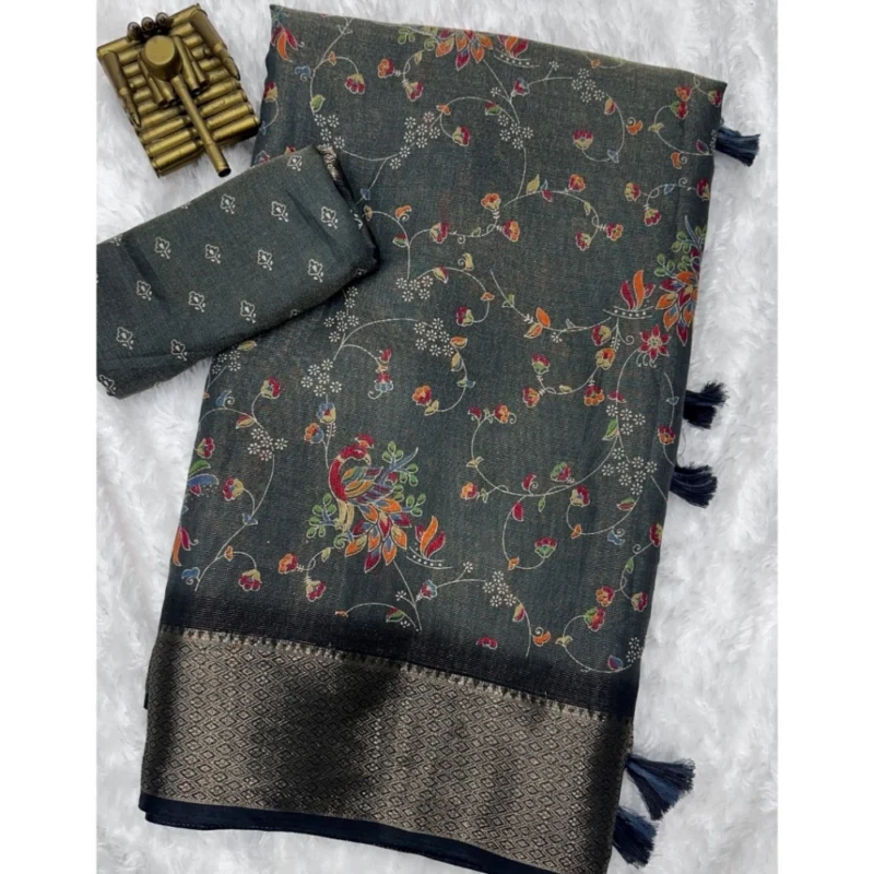 Generic Women's Cotton Zari Printed Saree With Unstitched Blouse 5.5Mtr (Grey)