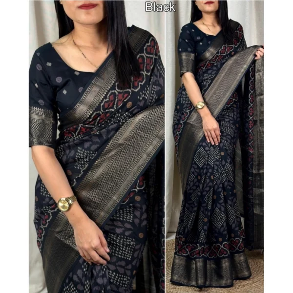Generic Women's Dola Silk Printed Saree With Unstitched Blouse 5.5Mtr (Black) - Image 2