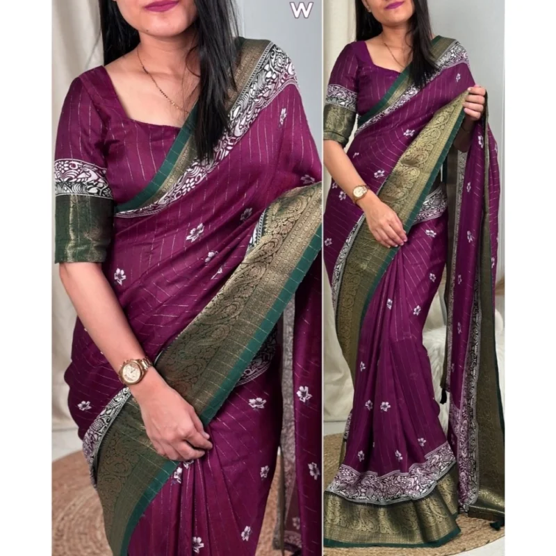 Alternative view of Generic Women's Cotton Silk Printed Saree With Unstitched Blouse 5.5Mtr (Wine)