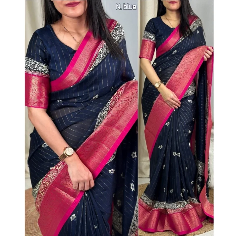 Alternative view of Generic Women's Cotton Silk Printed Saree With Unstitched Blouse 5.5Mtr (Navy Blue)