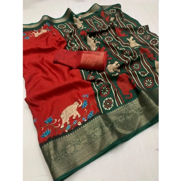 Generic Women's Dola Silk Printed Saree With Unstitched Blouse 5.5Mtr (Red) - Image 2