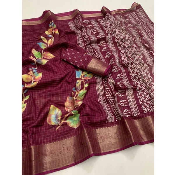 Generic Women's Dola Silk Printed Saree With Unstitched Blouse 5.5Mtr (Wine) - Image 2