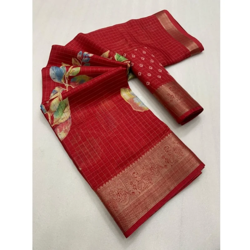 Generic Women's Dola Silk Printed Saree With Unstitched Blouse 5.5Mtr (Red)