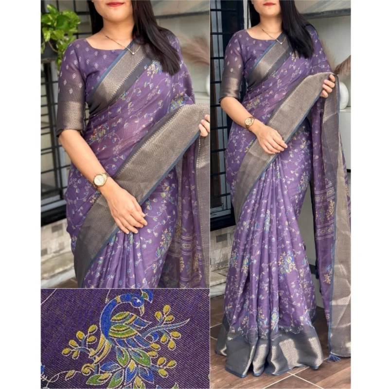 Alternative view of Generic Women's Cotton Zari Printed Saree With Unstitched Blouse 5.5Mtr (Purple)