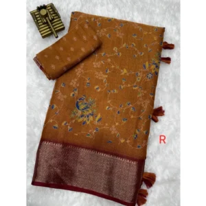 Women's Cotton Zari Printed Saree With Unstitched Blouse 5.5Mtr (Mustard)