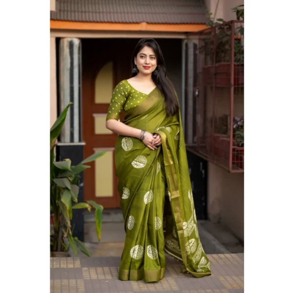 Generic Women's Cotton Crape Printed Saree With Unstitched Blouse 5.5Mtr (Green) - Image 2
