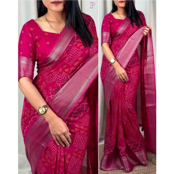 Generic Women's Dola Silk Printed Saree With Unstitched Blouse 5.5Mtr (Pink) - Image 2