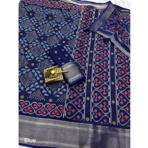 Generic Women's Dola Silk Printed Saree With Unstitched Blouse 5.5Mtr (Blue)