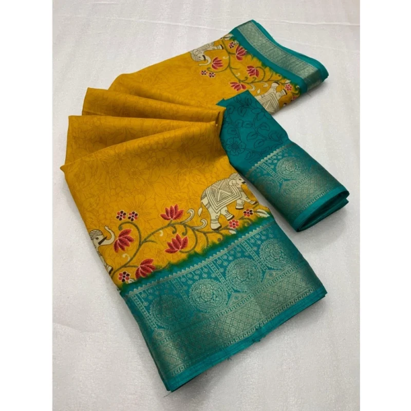 Generic Women's Dola Silk Printed Saree With Unstitched Blouse 5.5Mtr (Mustard)