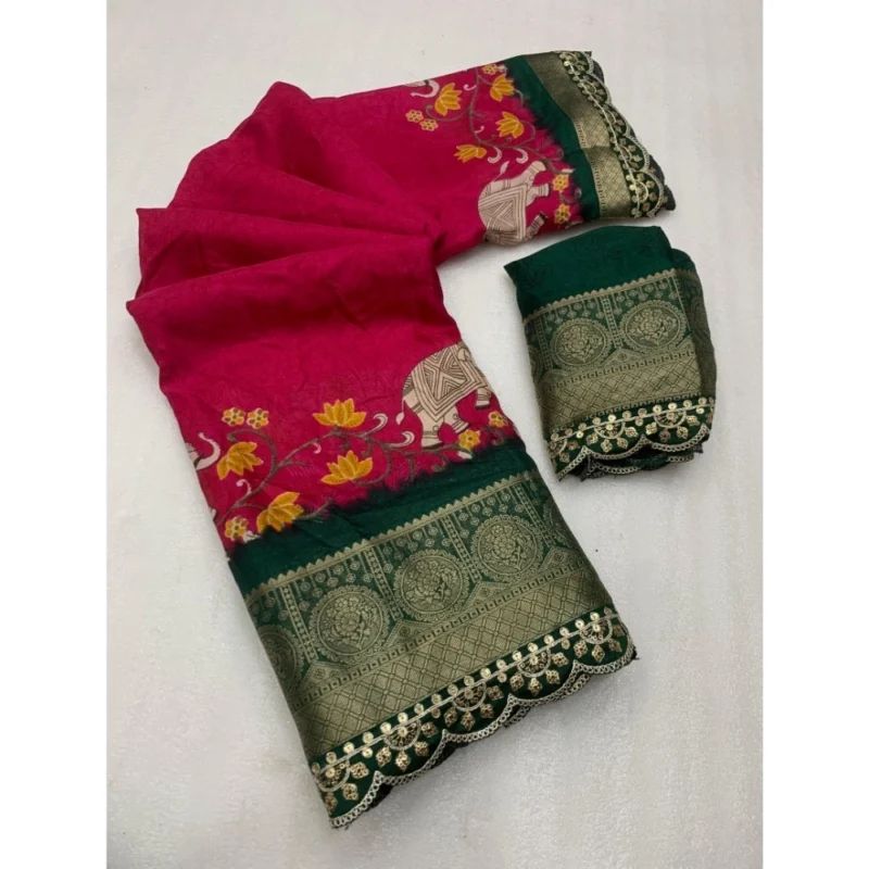 Generic Women's Dola Silk Printed Saree With Unstitched Blouse 5.5Mtr (Pink)