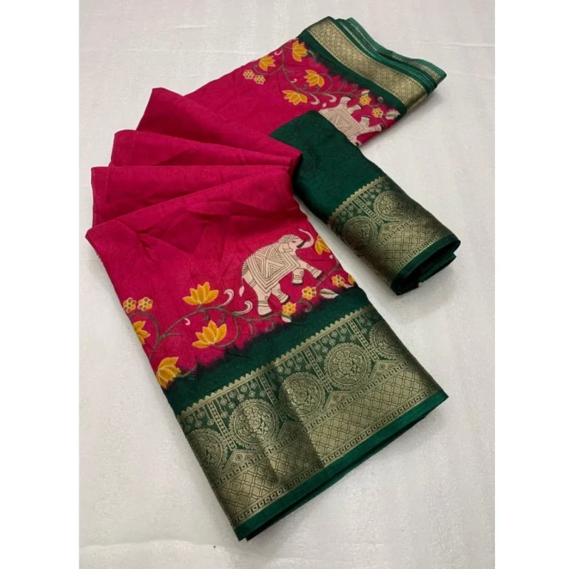 Generic Women's Dola Silk Printed Saree With Unstitched Blouse 5.5Mtr (Pink)