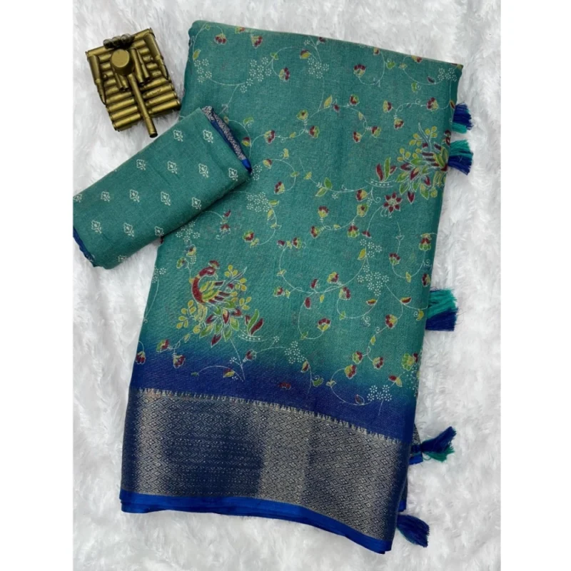 Generic Women's Cotton Zari Printed Saree With Unstitched Blouse 5.5Mtr (Sky Blue)