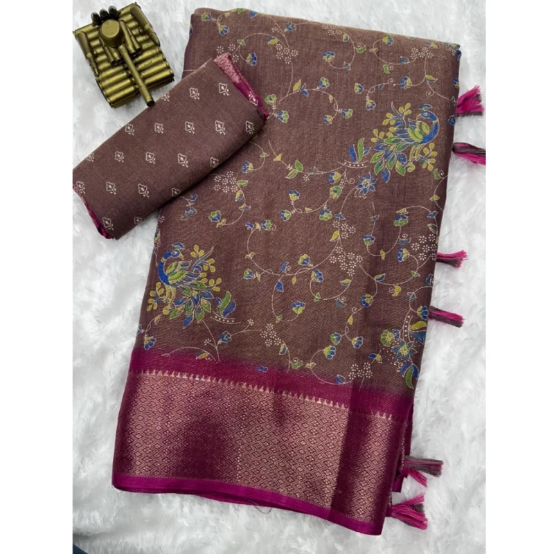 Generic Women's Cotton Zari Printed Saree With Unstitched Blouse 5.5Mtr (Wine)