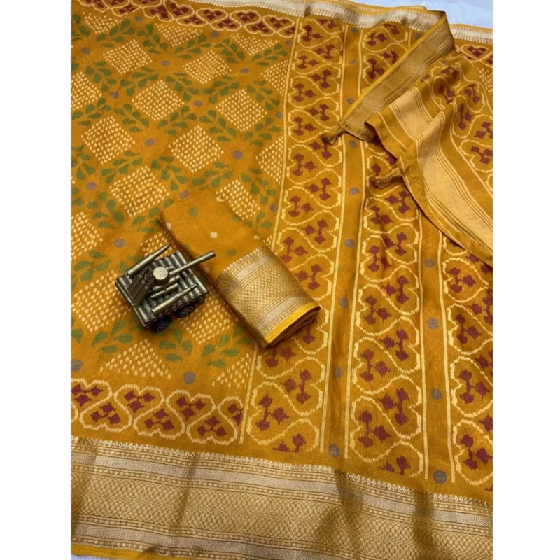 Generic Women's Dola Silk Printed Saree With Unstitched Blouse 5.5Mtr (Yellow)