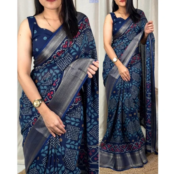 Generic Women's Dola Silk Printed Saree With Unstitched Blouse 5.5Mtr (Blue) - Image 2