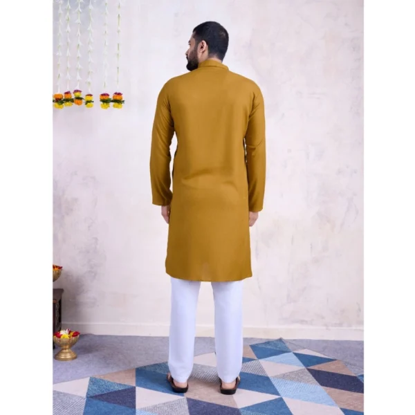 Men's Rayon Mirror Embroidery Mandarin Collar Kurta (Yellow) - Image 3