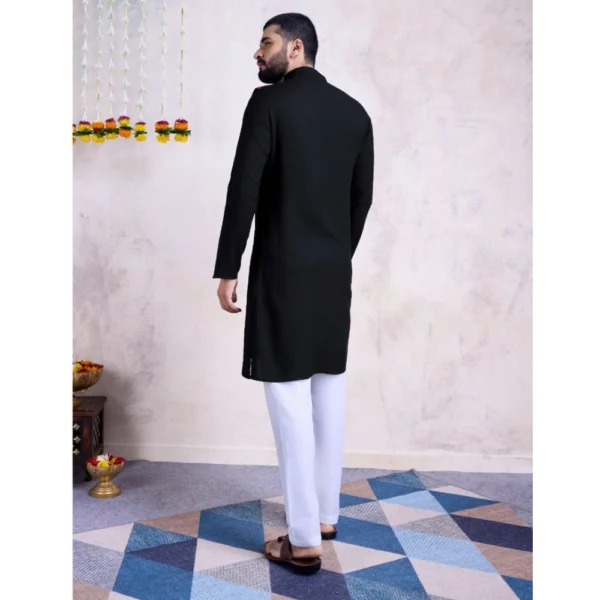 Men's Rayon Mirror Embroidery Mandarin Collar Kurta (Black) - Image 2