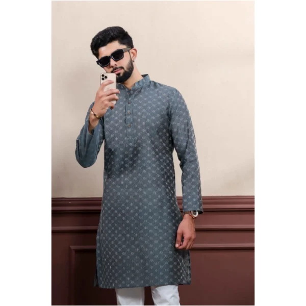 Men's Casual Cotton Printed Full Sleeve Kurta Pyjama Set (Grey) - Image 3