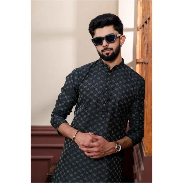 Men's Casual Cotton Printed Full Sleeve Kurta Pyjama Set (Black) - Image 3