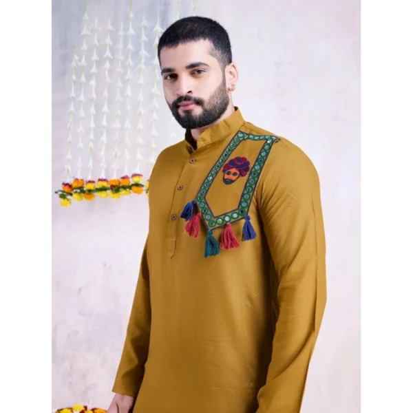 Men's Rayon Mirror Embroidery Mandarin Collar Kurta (Yellow) - Image 4