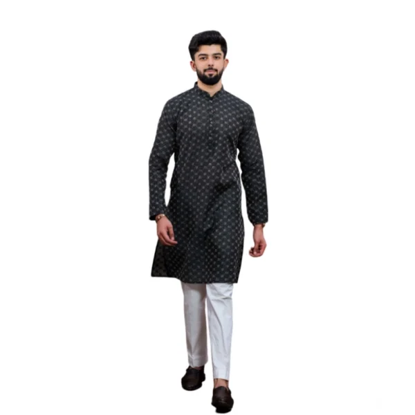Men's Casual Cotton Printed Full Sleeve Kurta Pyjama Set (Black)