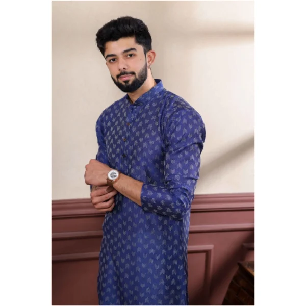 Men's Casual Cotton Printed Full Sleeve Kurta Pyjama Set (Navy Blue) - Image 3