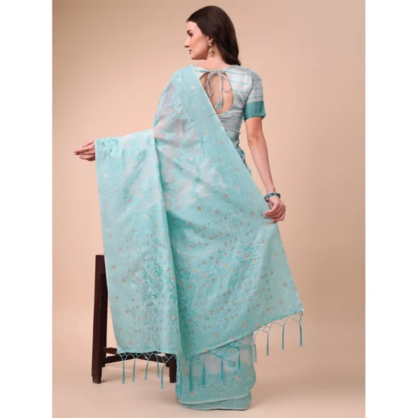 Women's Cotton Printed Saree With Unstitched Blouse 5.5Mtr (Sky Blue) - Image 3