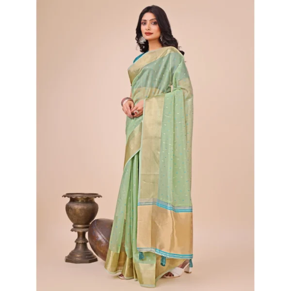 Generic Women's Organza Printed Saree With Unstitched Blouse 5.5Mtr (Green) - Image 2