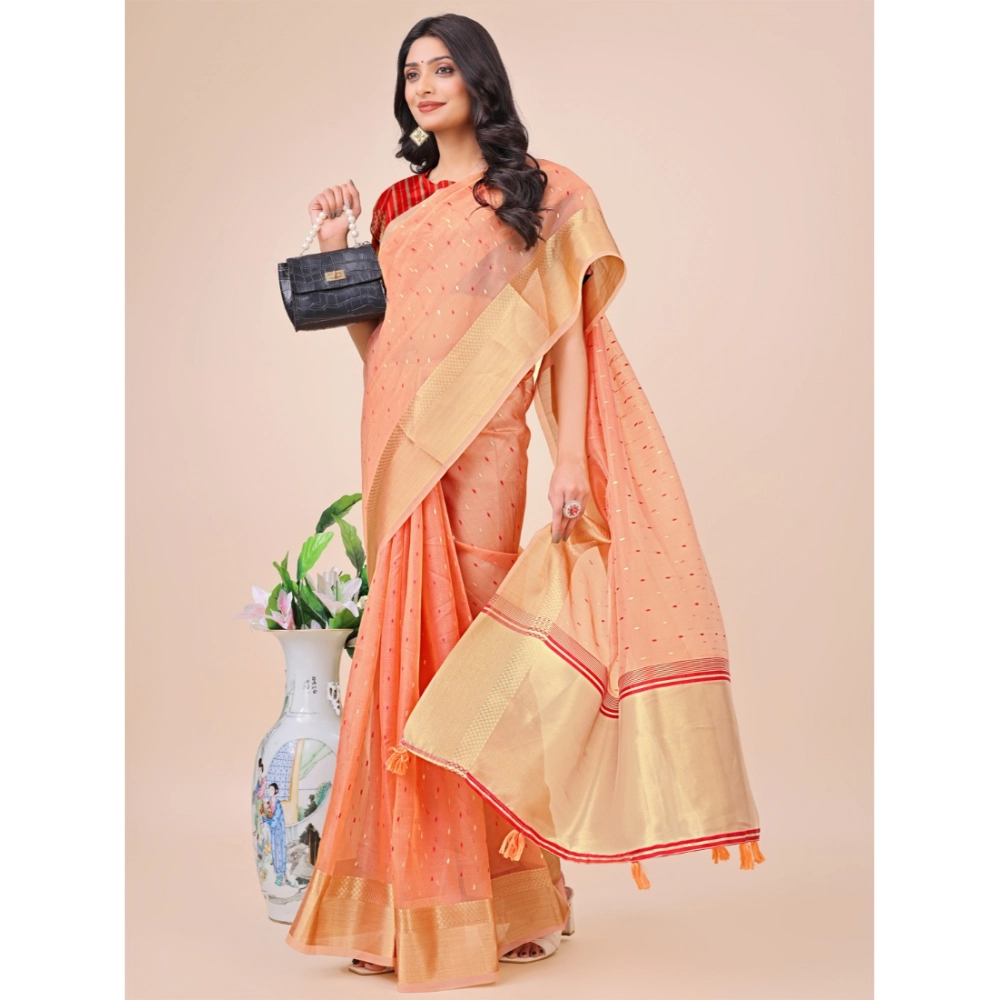 Women's Organza Printed Saree With Unstitched Blouse 5.5Mtr (Peach) - Image 3