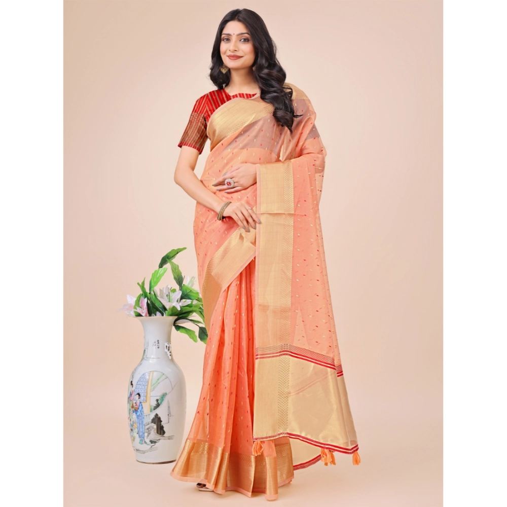 Women's Organza Printed Saree With Unstitched Blouse 5.5Mtr (Peach) - Image 2