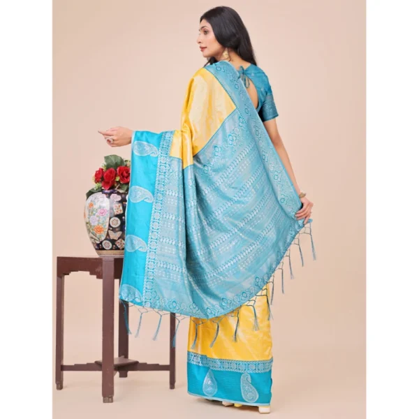 Generic Women's Lichi Silk Printed Saree With Unstitched Blouse 5.5Mtr (Yellow) - Image 3