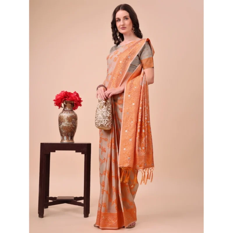 Alternative view of Women's Cotton Printed Saree With Unstitched Blouse 5.5Mtr (Orange)